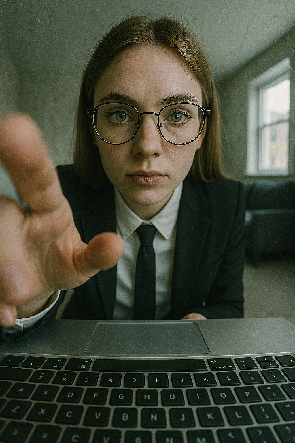 Ragazza con gli occhiali che guarda nella camera avvicinando il dito alla inquadratura